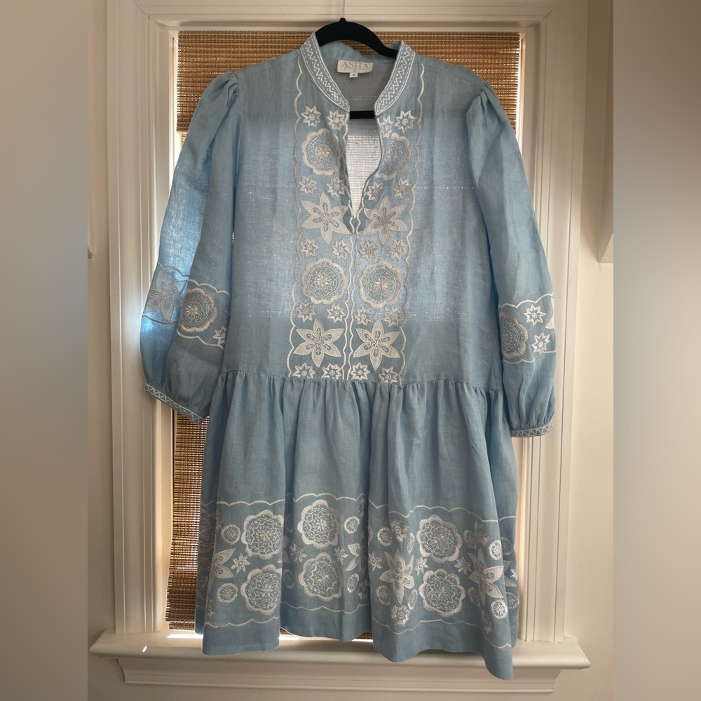 ASHA Ashley McCormick Light Blue Embroidered Linen Minnie Dress Medium - Picture 2 of 6